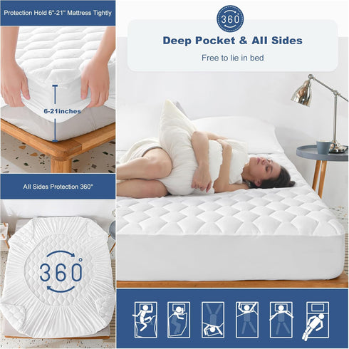 GRT Queen Mattress Protector, 100% Waterproof Quilted Fitted Mattress Pad, Noiseless Cotton Cover, Fits Up to 21" Deep,