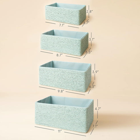Storage Baskets Set of 4, Stackable Woven Paper Rope Bins for Makeup Closet Bathroom Bedroom (Light Green)
