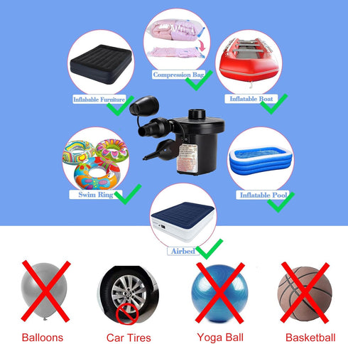 3 Nozzles, 110V AC/12V Electric Air Pump for Inflatable with DC, Portable Air Mattress Pump, Quick Fill Inflator Air