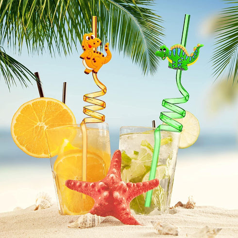 Reusable Dinosaur Party Drinking Straws, Novelty Curly Hard Plastic Straws for Kids Birthday Decorations - Pack of 6