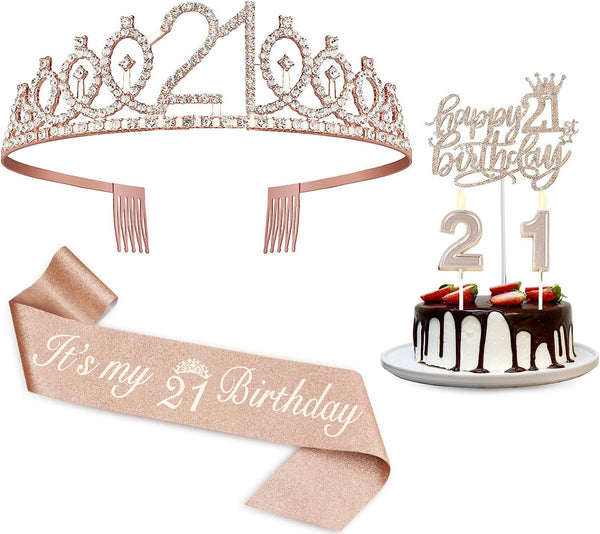21st Birthday Decorations for Her, Sash and Tiara, Cake Topper, Candles, Gifts for 21 Year Old