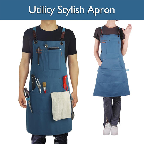Handmade Work Apron, Cotton Canvas with Multiple Pockets, Adjustable Cross Back for BBQ, Cafe, Kitchen, Painting