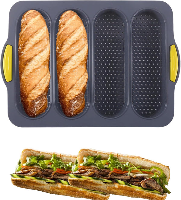 4-Cavity Silicone Bread Loaf Pan, Nonstick Sourdough & Heat Resistant Baguette Bread Pan, Silicone Molds for Baking