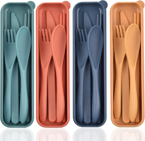 Reusable Utensils Set with Case, 4 Sets Wheat Straw Travel Cutlery Set, Portable Spoon, Knife, Fork for Kids Adults