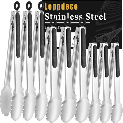 Stainless Steel Kitchen Tongs, 9 Pieces Cooking Tongs, Heavy Duty Metal Locking Tongs for BBQ and Salad