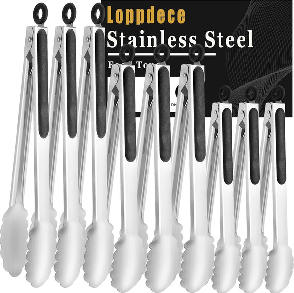 Stainless Steel Kitchen Tongs, 9 Pieces Cooking Tongs, Heavy Duty Metal Locking Tongs for BBQ and Salad