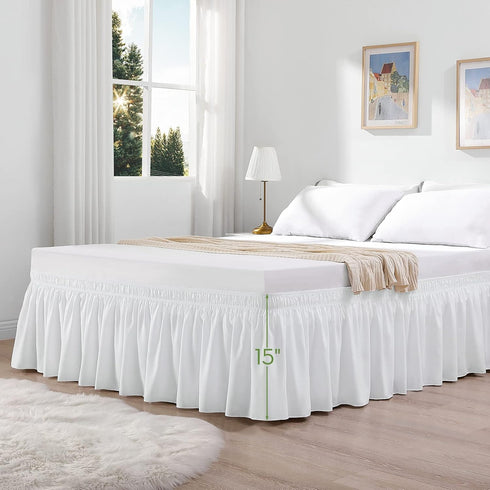 RIMELA White Bed Skirt Queen Size 15 Inch Drop, Elastic Bed Skirting for Bed Base and Frame, Lightweight Adjustable