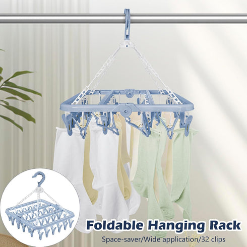 Aolloa Clothes Drying Rack - 32 Clothespins, Foldable Hanging Drying Racks with 360 Rotatable Hook (Blue)