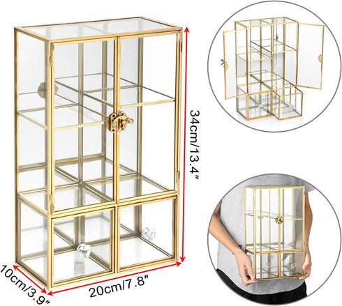 ELLDOO Clear Glass Storage Box with 2 Drawers, Gold Mirrored Jewelry Makeup Display Organizer Case