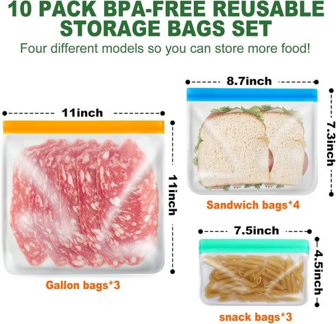 10 Pack Reusable Ziplock Bags Silicone Bags, 3 Large Food Storage Bags Gallon Freezer Bags 4 Reusable Sandwich Bags Zip Lock 3 Snack Bags, Lunch Home Kitchen Fridge Organization Meal Prep Containers by AURUZA
