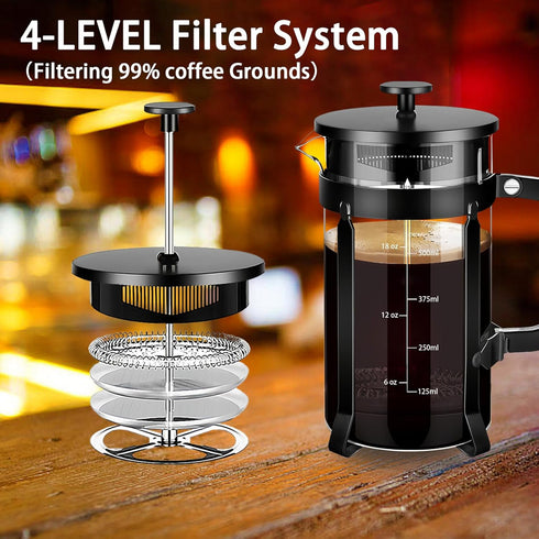 French Press Coffee Maker 304 Stainless Steel Coffee Press,with 4 Filters System, Heat Resistant Thickness Borosilicate French Press Glass, BPA-Free Brewed Tea Pot Coffee Plunger