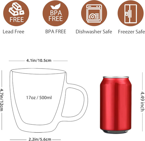 17oz,Double Beverages,Set 4 CNGLASS Large Glass Coffee Mugs Walled Insulated Clear Coffee Cups with Handle,Clear
