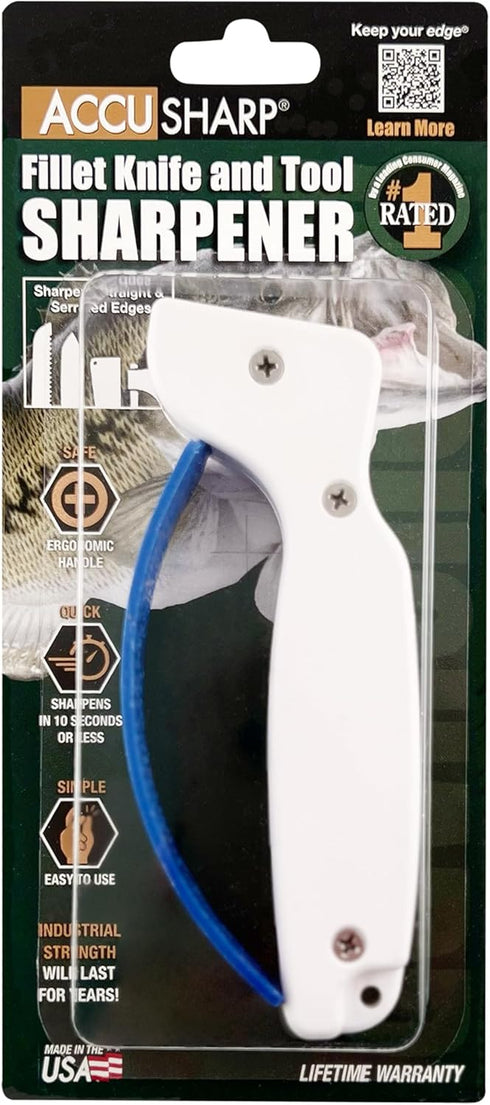 AccuSharp Knife & Tool Sharpener, Hand-Held Tungsten Carbide Tool, Restores & Sharpens Knives, White & Blue