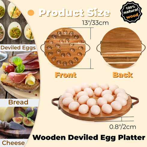 24 Countertop Hiceeden Acacia Wood Deviled Egg Platter with Handles for Easter, Holes Round Deviled Egg Tray Container