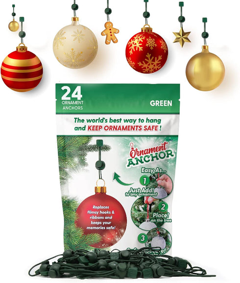 ORNAMENT ANCHOR Heavy Duty Christmas Tree Ornament Hooks for Small & Large Ornaments - Green, 24 Count - No-Slip Xmas