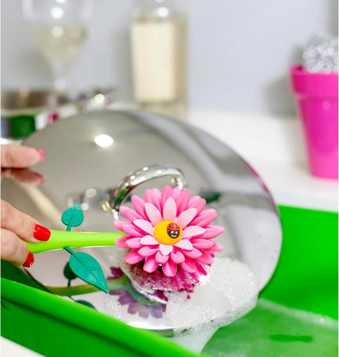 Vigar Flower Power Dish Brush with Handle and Vase Dish Brush Holder, Kitchen Scrub Brush for Pot Scrubber, Dishes