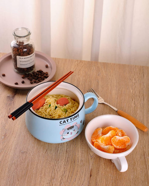 WHJY Cute Ramen Bowl Set, 35 oz Kitty Ramen Cooker with Lid, Microwavable Instant Ramen Noodles Soup Cups, Grey