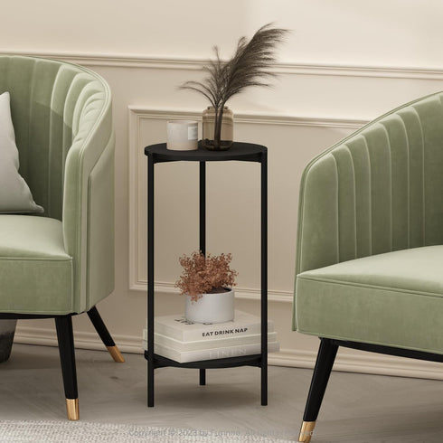 2-Tier 11.57 8.16 4.36 inches, Furinno Besi Modern Tall Round Side End Table with Sturdy Metal Legs, (W) x (H) x (D)