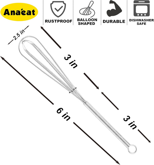 Anaeat 6 Pack Small Wire Whisks - Portable Stainless Steel Tiny Whisk & Egg Beater for Cooking, Blending