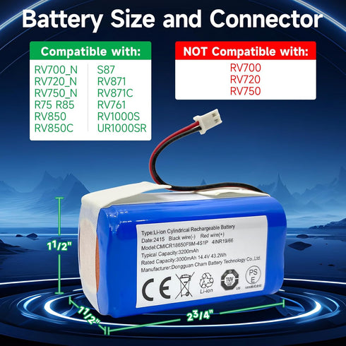 Replacement Shark RVBAT850 Battery for Shark Ion R75, R85, RV850, 3200mAh 14.4v/14.8v (2-Prong connector)