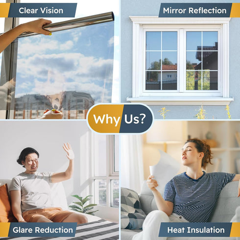 rabbitgoo One Way Window Privacy Film, Reflective Mirror Sun Blocking Heat Control UV Protection for Home, Silver