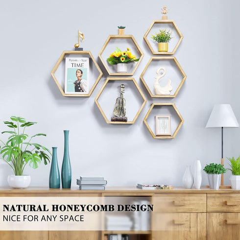 Set 6 NOVIMANGO Hexagonal Floating Shelves Wall Mounted of Wooden Hexagon Shelves Farmhouse Storage Honeycomb Shelves