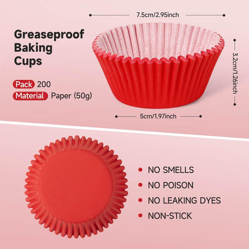 Standard Red Baking Cups, Pack of 200 Cupcake Liners Paper