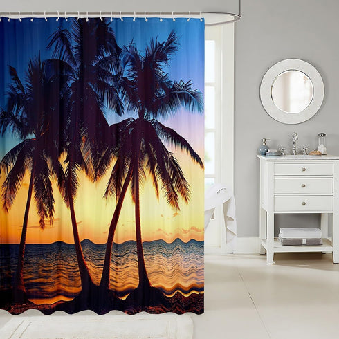 Ocean Beach Shower Curtain 72x84, Tropical Palm Tree Bath Curtain with 12 Pack Hooks, Hawaiian Sunset Decor
