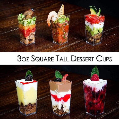 DLux 50 x 3 oz Mini Dessert Cups with Spoons, Clear Plastic Parfait Appetizer Cup with Recipe Ebook
