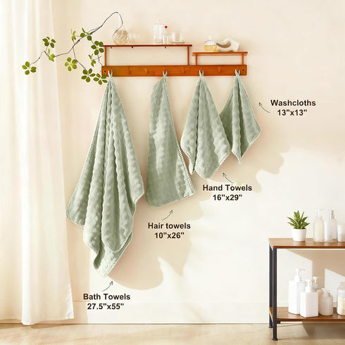 COZYART Sets 8 3D Set 2 2 2 2 Lint Free Towel Pcs Sage Green, Thick, Super Soft, Absorbent & Quick Dry Microfiber
