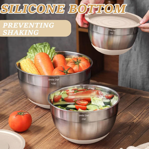 Mixing Bowls Set with Airtight Lids, 26PCS Stainless Steel Khaki Bowls with Grater Attachments, Non-Slip Bottoms