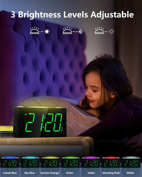 Digital Alarm Clock for Bedroom, 7 Color Night Light, USB Charger, Large Number Screen & Dimmer