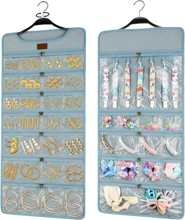 SMRITI Hanging Jewelry Organizer, Dual Zippered Pockets, Canvas Double Sided Rotating Hanger (Light Blue)