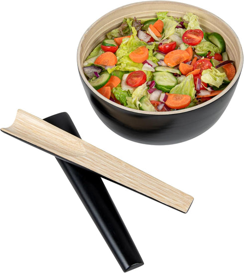 Restaurantware Bambuddha 9.8 Inch Bamboo Serving Set, 2-Piece Black Bamboo Salad Server Set with Heavy-duty Tongs