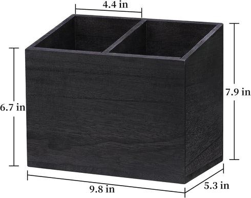Wooden Kitchen Utensil Caddy - 2 Compartments Rustic Holder for Kitchen Countertop, Black