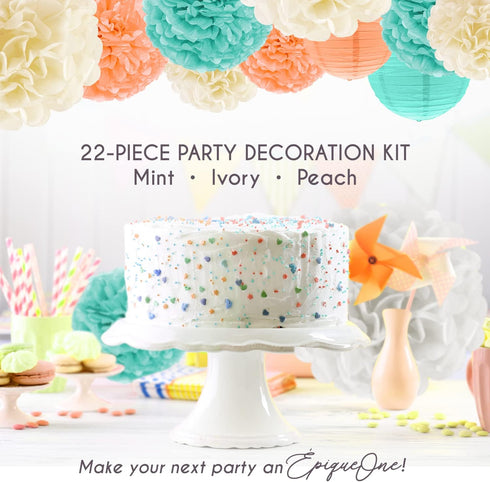 EpiqueOne 22-Piece Party Set - Tissue Paper Pom Poms in Mint, Ivory & Peach | Includes 12 Pom Poms, 6 Lanterns, 3