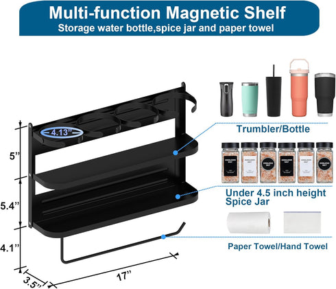 Rack,4-Slot Magnetic Spice Stanley Cup Water Bottle Holder with Paper Towel Holders and Removable Hooks