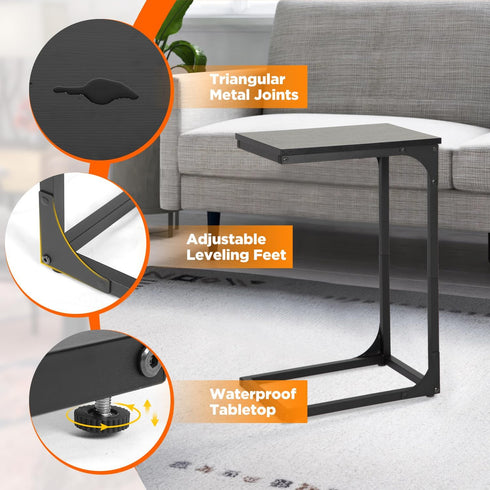 FDW C-Shaped End Table Wooden Top Side Table Adjustable Feet Small Cough Table Bedside End Table with Metal Frame