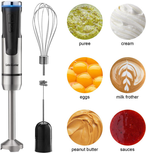 Liebe&Lecker Cordless Hand Blender, USB Rechargeable Immersion Blender with 8 Variable Speeds, Whisk, Milk Frother