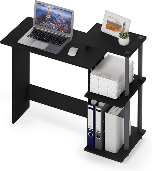 Furinno Efficient Home Laptop Computer Desk with Square Shelves, Solid Black/Grey Design
