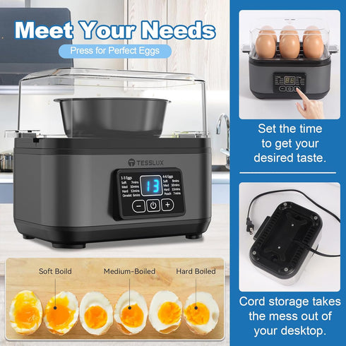 6 Tesslux Electric Rapid Egg Cooker, Egg Capacity for Hard Boiled Eggs, Poached Eggs, Scrambled Eggs, or Omelets Maker