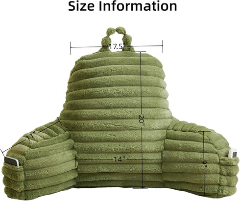 Memfydu Faux Fur Fluffy Sage Reading Pillow with Pockets, Luxury Striped Plush Decorative, Arm Rests and Back Support