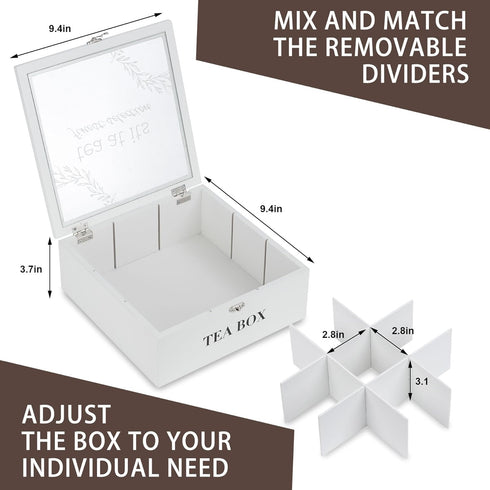 9 handrong Tea Box Organizer,Wood Tea Bag Holder Organizer,Modern Teas Bag Storage with Compartments and Glass Cover