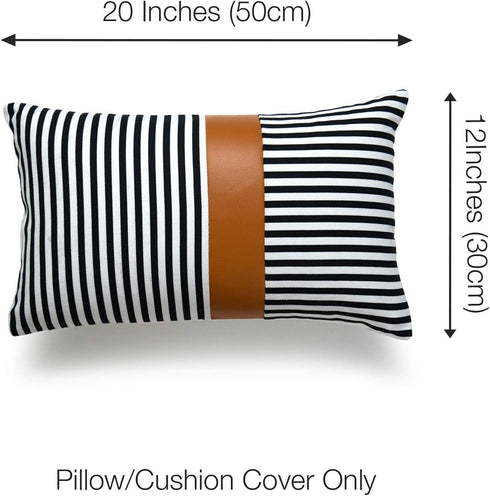 Hofdeco Faux Leather and 100% Cotton Pillow Cover Only, Camel Black Stripes, 12"x20"