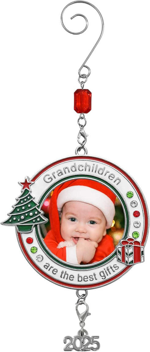 Grandchildren Photo Christmas Ornament - Dated 2025 Charm - Red White Green Enameled Jeweled Accents for Grandparents