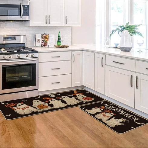Artoid Mode Ghost Pumpkin Bat Black Halloween Kitchen Mats Set of 2, Low-Profile Kitchen Rugs for Floor - 17x29 and