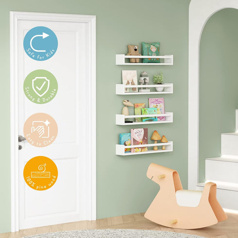 24 Inch Set 4, Forbena Wall Bookshelf for Kids Bedroom of White Floating Nursery Book Shelves for Baby Toddler Children