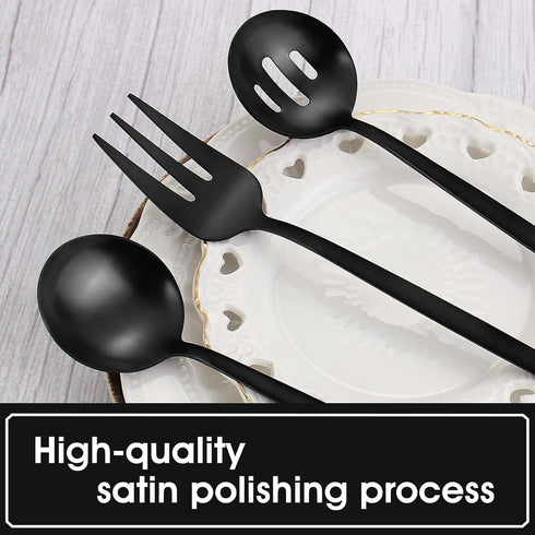 Matte Black 5-Piece Serving Silverware Set, Round Shared Stainless Steel Utensils, Satin Finish, Dishwasher Safe