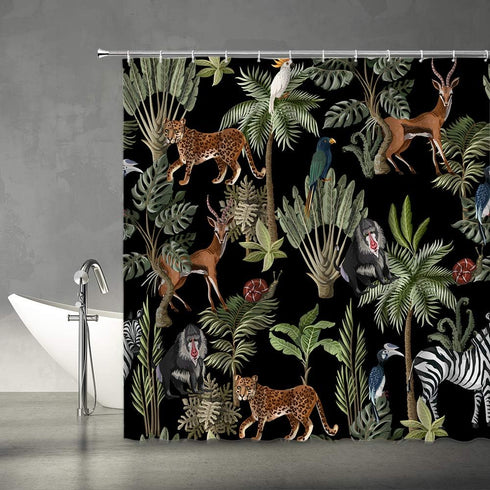 AMFD Jungle Animals Shower Curtain, Cheetah Zebra Monkey Antelope, Green Tropical Forest Bathroom Decor Set