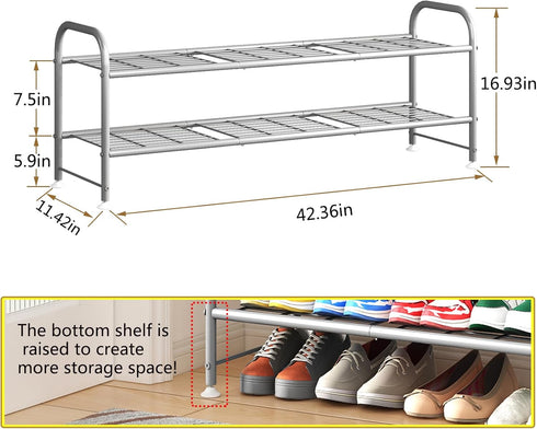 2 Closet LINZINAR Shoe Rack Tier Storage Organizer for Entryway Metal Grey